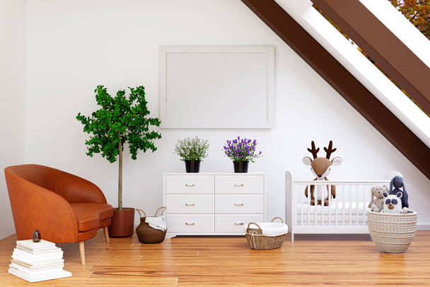3d weergegeven illustratie van een heldere zolderkamer met mockup fotolijst en indoor planten. - Foto, afbeelding