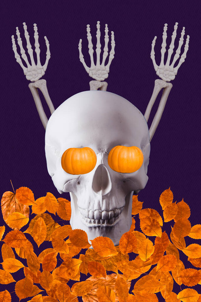Vertical collage image of dead skull head pumpkins instead eyes skeleton eyes falling leaves isolated on creative background. - Photo, Image
