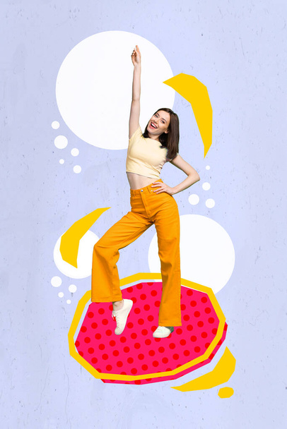 Creative trend collage of funny funky positive pretty young woman dancing boogie woogie have fun party disco summer vacation promo advert. - Фото, изображение