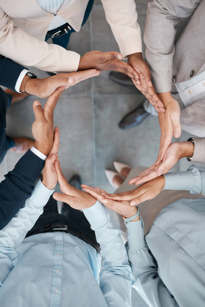 Teamwork, workflow and business hands sign for collaboration, motivation and group support. Corporate people in community circle for team building commitment, partnership trust and staff cooperation. - 写真・画像