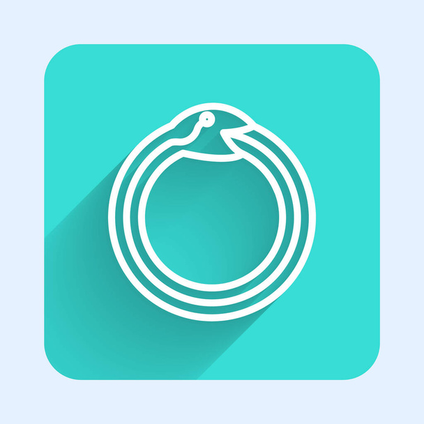 White line Magic symbol of Ouroboros icon isolated with long shadow background. Snake biting its own tail. Animal and infinity, mythology and serpent. Green square button. Vector. - Vector, Image