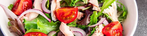 kip borst salade tomaat, groene sla, rode ui gezonde maaltijd snack dieet op de tafel kopieer ruimte voedsel achtergrond  - Foto, afbeelding