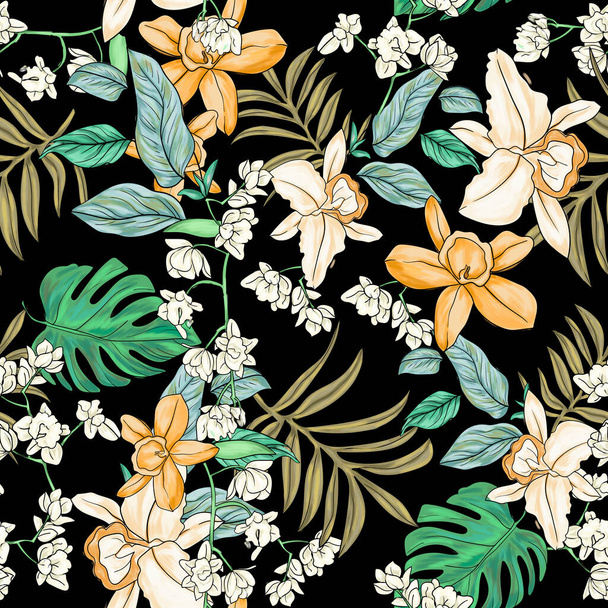 Tropical jungle illustration colorful seamless print pattern - Photo, Image