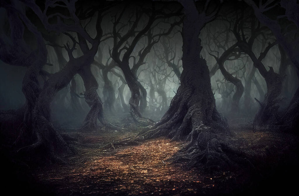 Geceleri korkunç ormanlar, dalları açık bükülmüş ağaç siluetleri. 3B dijital illüstrasyon - Fotoğraf, Görsel