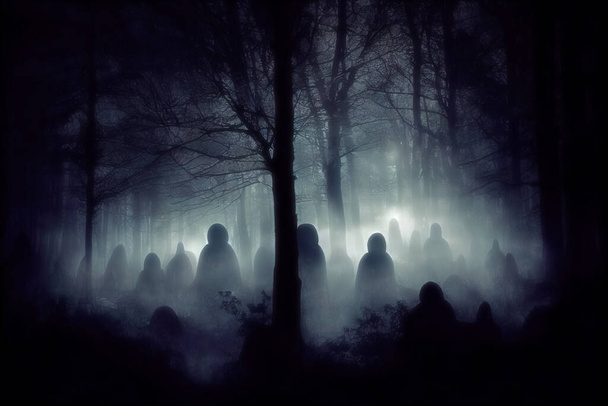 Figuras fantasmales espeluznantes en el oscuro bosque nublado embrujado por espíritus malignos, la noche de Halloween. Ilustración digital 3d - Foto, Imagen