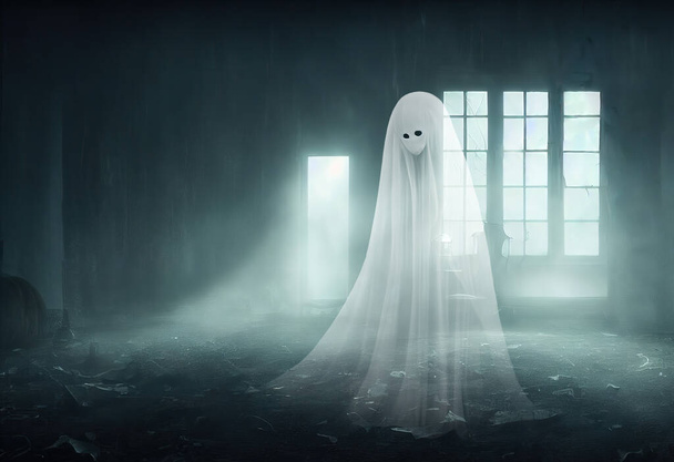 Spookachtige blanke transparante spookvrouw met droevig gezicht in verlaten kamer, spookhuis interieur, mistige mysterieuze sfeer. 3D digitale illustratie - Foto, afbeelding
