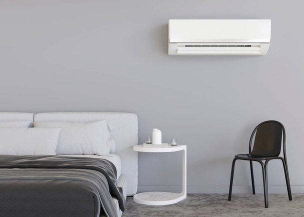 Modern air conditioner hanging on the wall in room. Cooling product for hot climate in summer. Machine which keeps the air in a building cool and dry. Modern interior with air-conditioning. 3D render - Foto, afbeelding