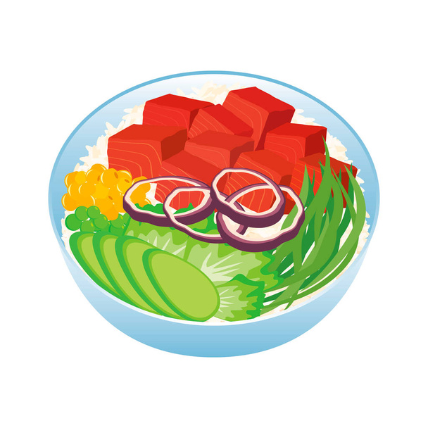 Poke Bowl con cubos de atún y verduras icono vector. Tazón de atún con arroz, aguacate, cebolla, lechuga y algas aisladas sobre un fondo blanco - Vector, imagen