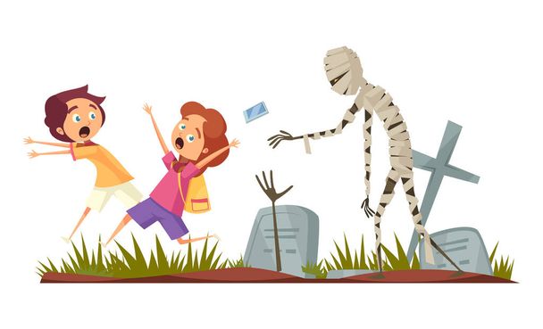 Дитинство побоюється концепції з мультяшною мумією, яка переслідує наляканих дітей на кладовищі Векторні ілюстрації
 - Вектор, зображення