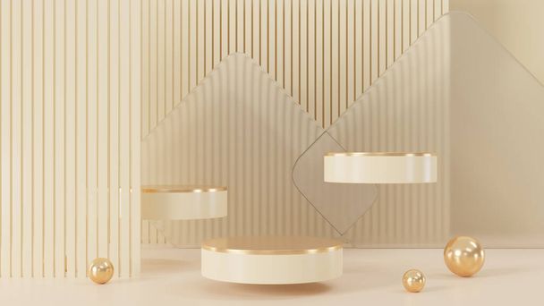 Representación 3D de podio pedestal rosa y dorado, espacio en blanco mínimo de podio para productos cosméticos de belleza, maqueta minimalista de lujo - Foto, imagen