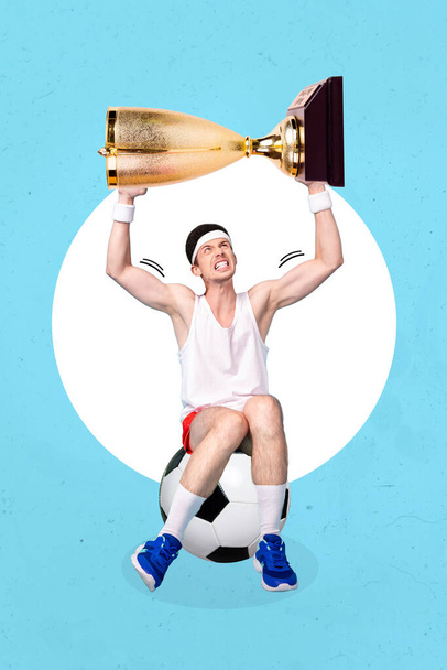 Creative photo 3d collage poster postcard artwork of young sporty man hold big cup rejoice success isolated on drawing background. - Φωτογραφία, εικόνα