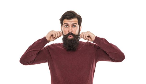 human facial emotions. emotional bearded man curl his moustache. male barbershop salon. surprised hipster with beard. hair fashion and beauty. brutal mature man expressing surprise. - 写真・画像