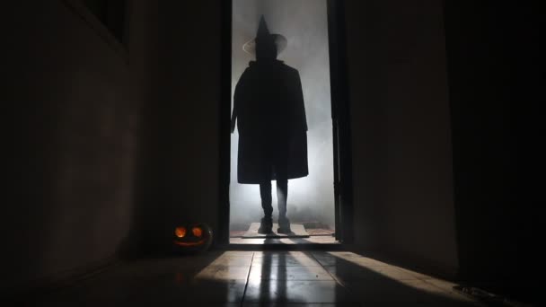 Tod mit Sense, die in der dunklen Halle steht. Horror-Silhouette in Bauruine - Filmmaterial, Video