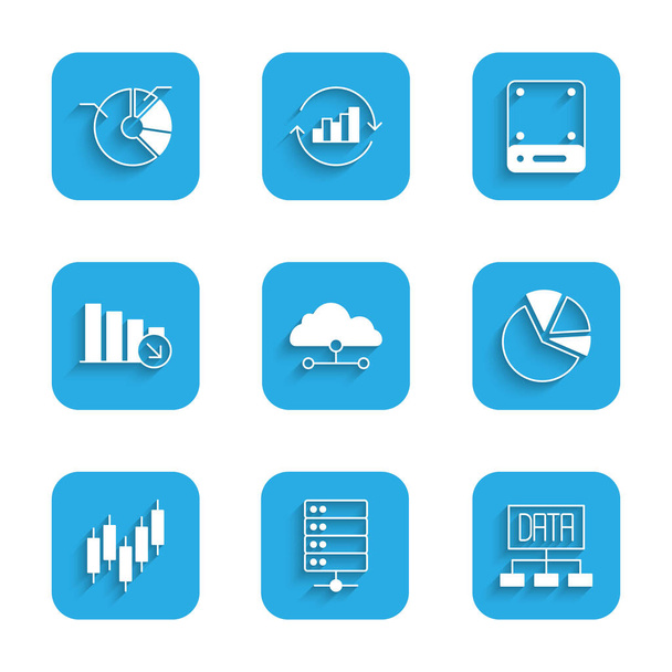 Netwerk cloud verbinding instellen Server Data analyse Taartgrafiek infographic Browser met aandelen markt Financiële groei afnemen en pictogram. Vector. - Vector, afbeelding