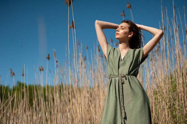 mooie jonge vrouw in een jurk op een achtergrond van een tarweveld - Foto, afbeelding