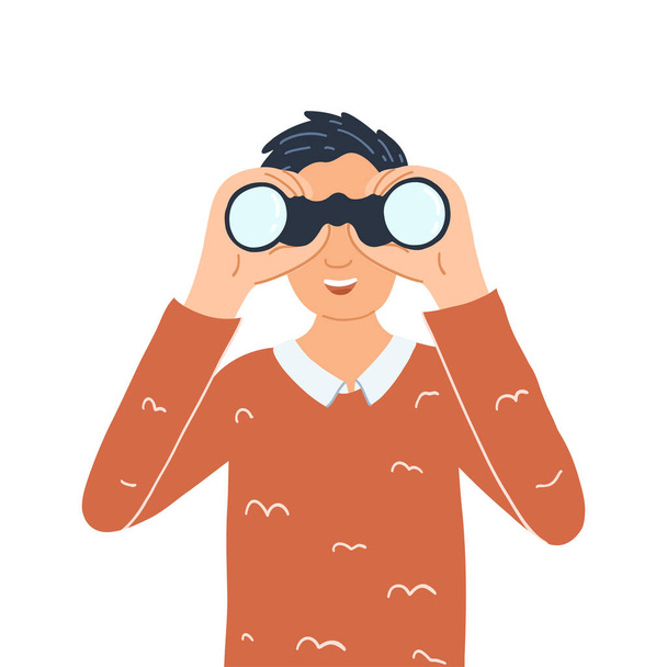 Man search vacancy with binoculars. Male character looking, finding new work opportunities, vacancies, employment, career. Concept of search for information, strategy, frequently asked questions. - Vector, Image