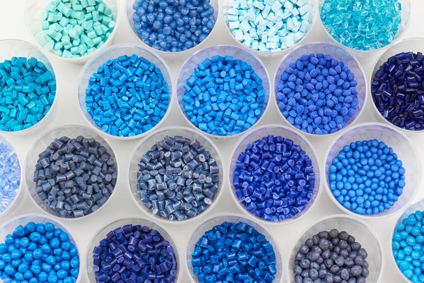 different blue plastic resins in lab - Photo, Image
