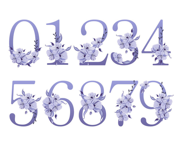 Set of numbers decorated with flowers, soft blue design. Decor elements for postcards, business cards and invitations, vector - Vecteur, image