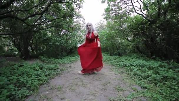 Kırmızı elbiseli peri kadın ormanda dans ediyor.. - Video, Çekim
