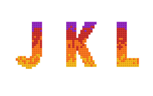 conjunto de letras y número de ladrillos multicolores. Representación 3d de un alfabeto, JKL - Foto, Imagen