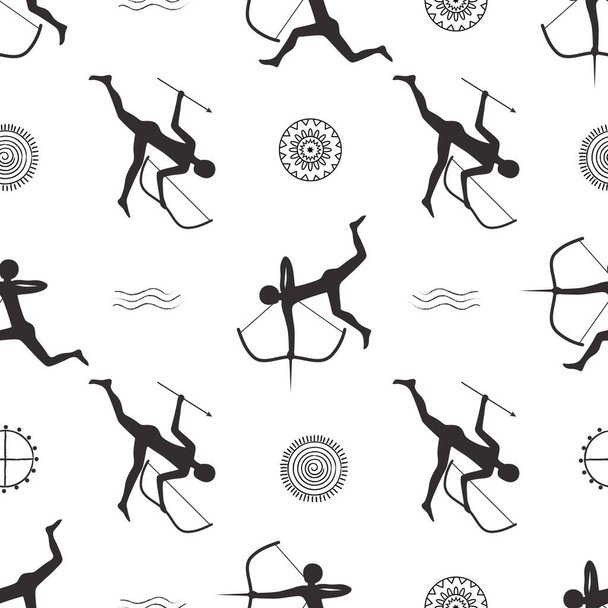 Vector graphic seamless pattern with prehistoric hunting. Figures of ancient people with bows, patterns, totems. Imitation of old rock paintings - Vector, afbeelding