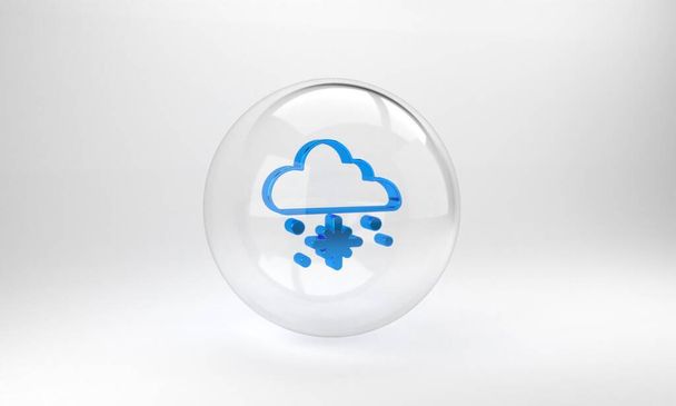 Blue Cloud with snow icon isolated on grey background. Cloud with snowflakes. Single weather icon. Snowing sign. Glass circle button. 3D render illustration . - Φωτογραφία, εικόνα