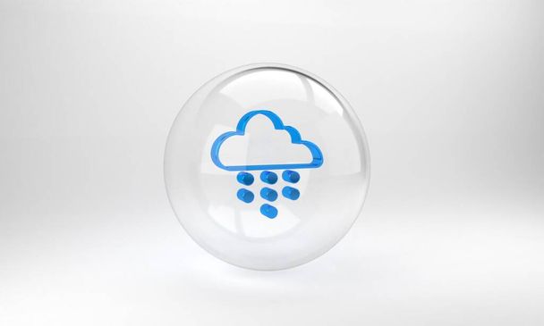 Blue Cloud with rain icon isolated on grey background. Rain cloud precipitation with rain drops. Glass circle button. 3D render illustration . - Zdjęcie, obraz