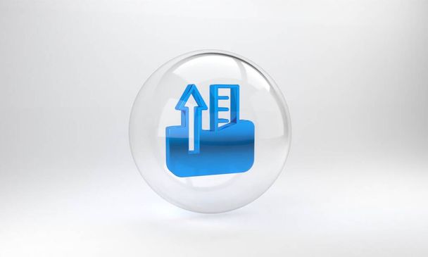 Blue Rise in water level icon isolated on grey background. Glass circle button. 3D render illustration . - Photo, Image