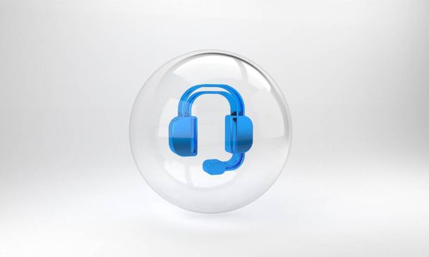 Blaues Kopfhörer-Symbol isoliert auf grauem Hintergrund. Support Kundenservice, Hotline, Call Center, Faq, Wartung. Glaskreisknopf vorhanden. 3D-Darstellung . - Foto, Bild