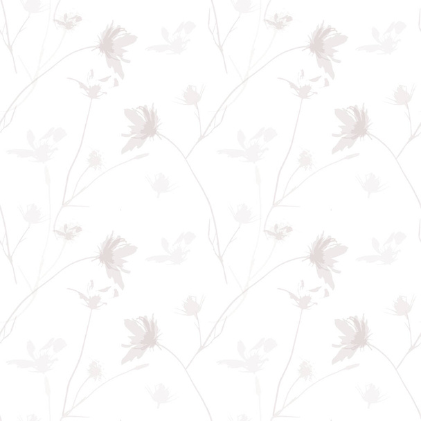 Delicado patrón inconsútil vector con flores silvestres, hierbas botánicas. Colores pastel suaves fondo beige rosado rubor - Vector, Imagen