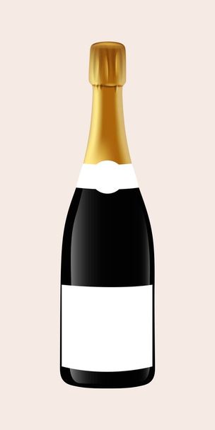 Botella para bebidas alcohólicas con lámina dorada y etiqueta en blanco. Una maqueta de botella de champán. Ilustración vectorial. - Vector, Imagen