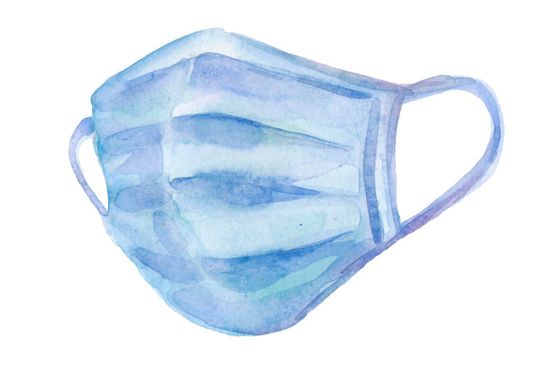 Aquareltekening van donkerblauw medisch chirurgisch masker met witte rubberen oorbandjes. Single object, bovenaanzicht. Handgetekende aquarelverf, uitgesneden clipart detail voor ontwerp, poster, lay-out, bedrukking. - Foto, afbeelding