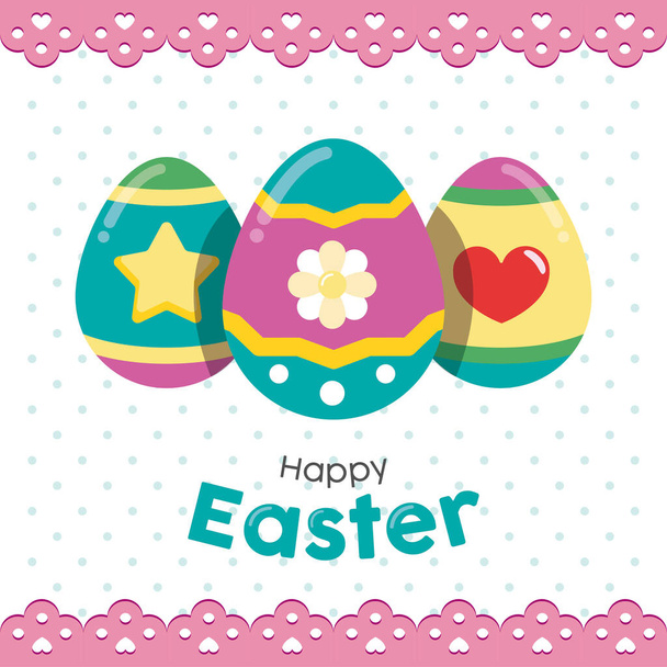 Leivonnaiset värillinen onnellinen pääsiäinen juliste ryhmä maalattuja munia Vektori kuva - Vektori, kuva