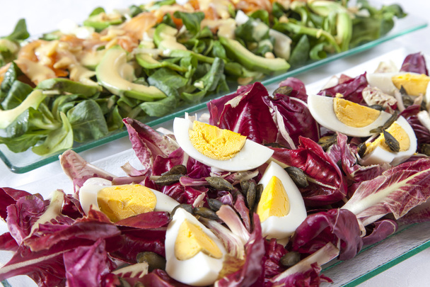 Saláták, lazac, bio zöldség, tojás - Fotó, kép