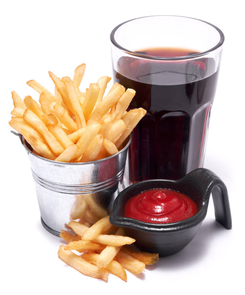 French fries potatoes in stylized metallic bucket isolated on white background. - Foto, Imagem
