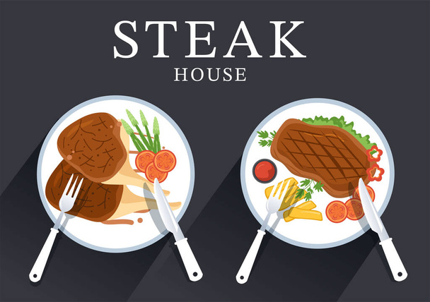 Steakhouse του ψημένου κρέατος με ζουμερή νόστιμη μπριζόλα, σαλάτα και τομάτες για μπάρμπεκιου σε επίπεδη χέρι κινουμένων σχεδίων Σχεδιασμένο πρότυπο εικονογράφηση - Διάνυσμα, εικόνα