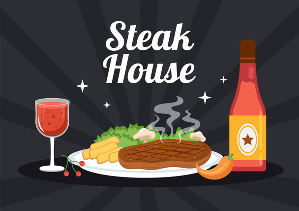 Steakhouse z grilovaného masa s šťavnatým lahodným steakem, salátem a rajčaty na grilování v ploché kreslené ručně kreslené šabloně - Vektor, obrázek