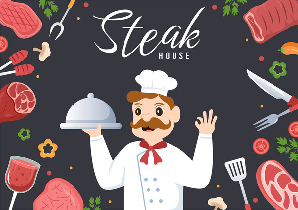 Steakhouse di carne alla griglia con succosa deliziosa bistecca, insalata e pomodori per barbecue in cartone animato piatto disegnato a mano modello illustrazione - Vettoriali, immagini