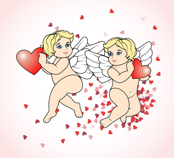 two little Cupid flying with hearts6 - Διάνυσμα, εικόνα