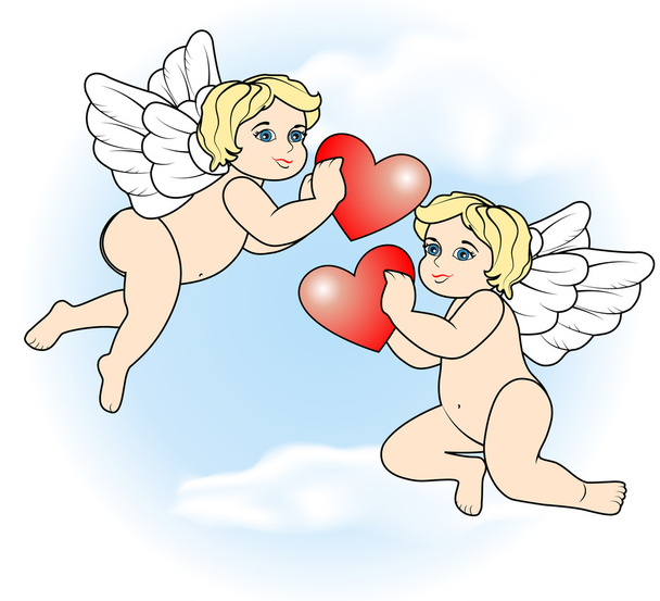 two little Cupid flying with hearts3 - Διάνυσμα, εικόνα