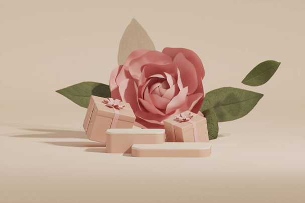 Exhibición del podio 3D en beige pastel, y fondo rosa con flores de rosas, regalos. Pedestal mínimo para belleza, producto cosmético. San Valentín, vacaciones, copia femenina plantilla de espacio 3d render - Foto, imagen