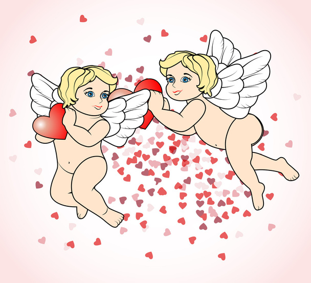 two little Cupid flying with hearts16 - Διάνυσμα, εικόνα