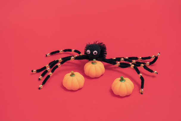 Artificial spider and rubber pompkinson a red background. Minimal horizontal composition, autumn Halloween celebration concept - Фото, изображение