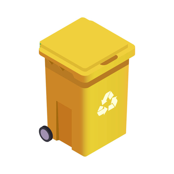 Icona isometrica di riciclaggio della spazzatura con contenitore giallo illustrazione vettoriale 3d - Vettoriali, immagini