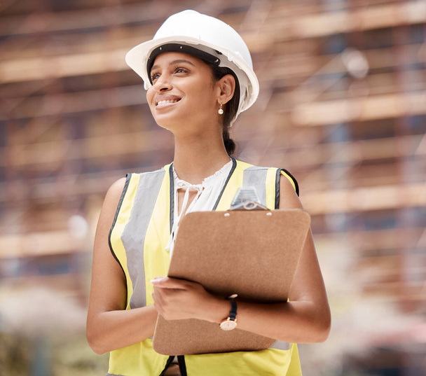 Logistics, shipping and business woman check containers for import, export and supply chain for global trade. Hard hat, female and use clipboard for inventory, cargo and inspection writing notes - Photo, Image