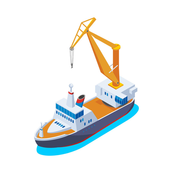 Isometric ship with crane on white background 3d vector illustration - Vector, Image