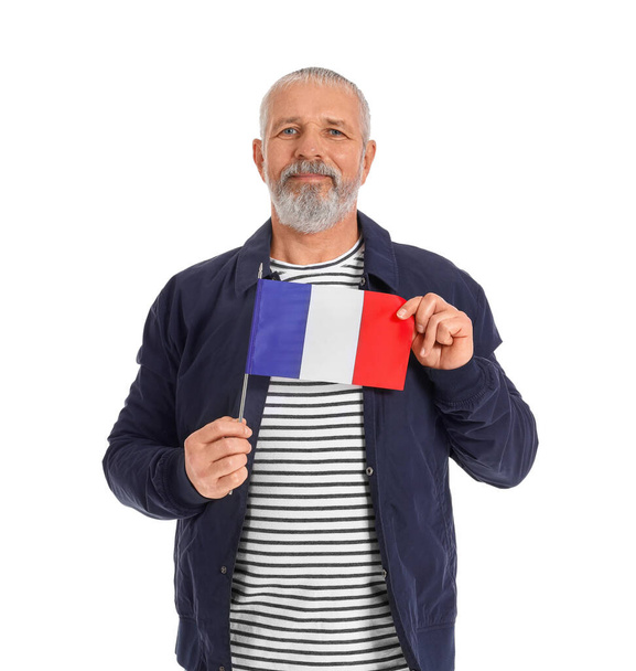 Homme mûr avec drapeau de France sur fond blanc - Photo, image