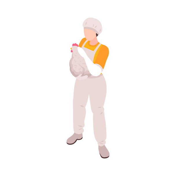 Izometryczny charakter pracownika fermy drobiu trzymającego białą kurę Ilustracja wektora 3D - Wektor, obraz