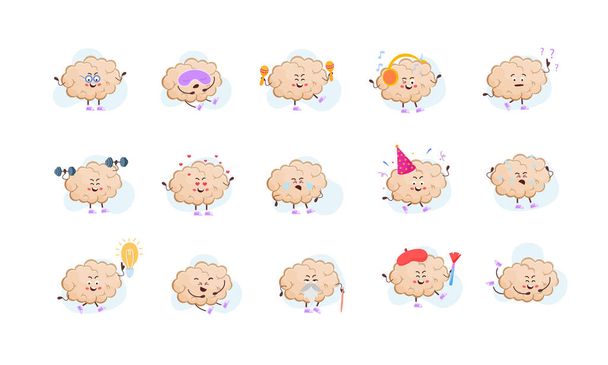 Cartoon brain flat collection of cute joyful characters making sport exercises listening music and different activities isolated vector illustration - Vector, Image