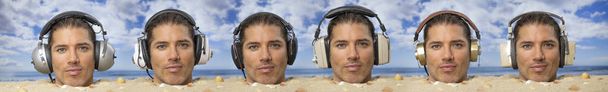 Múltiples cabezas de un hombre enterrado en su cabeza en una playa escuchando música en auriculares - Foto, Imagen
